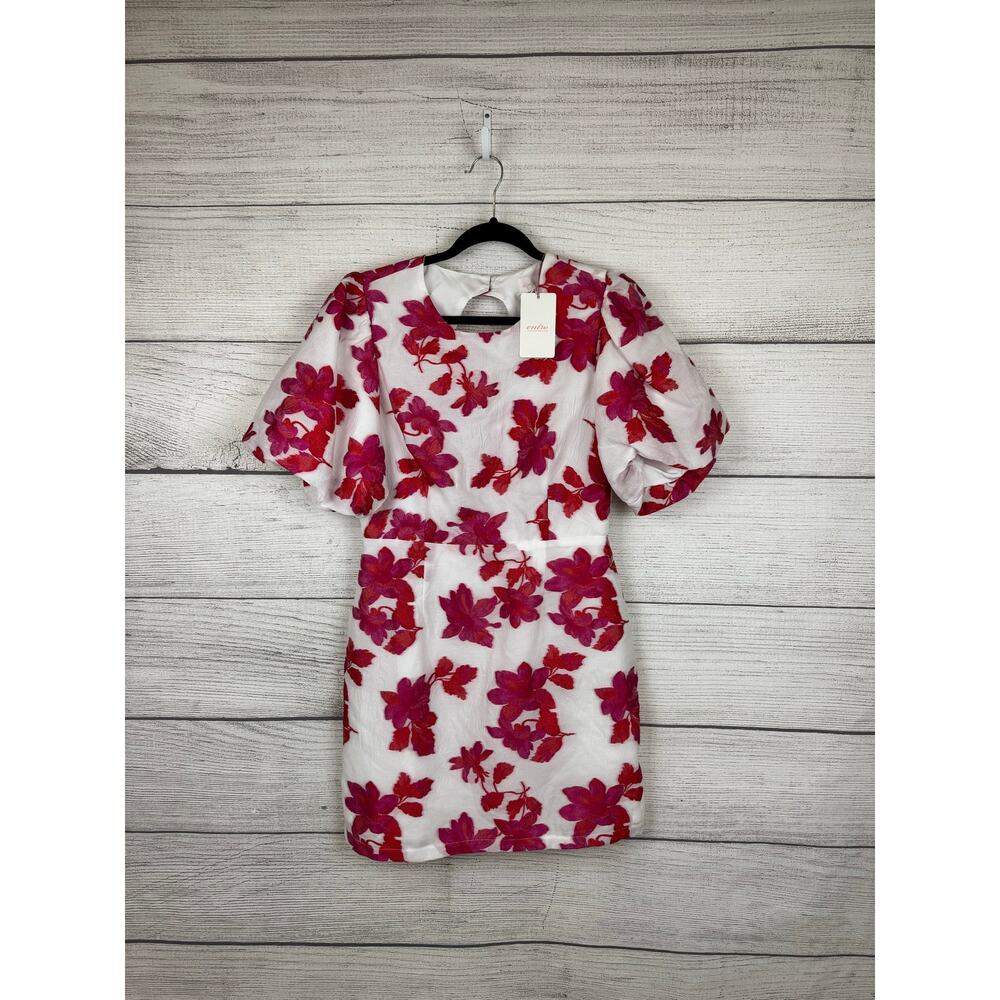 Entro Women's White & Pink Floral Puff Sleeve Open Back Mini Dress Size Large - Picture 3 of 11